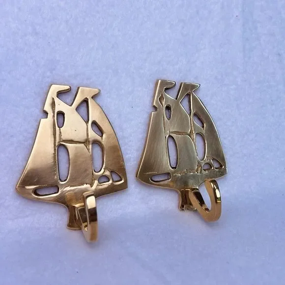 Vintage Brass Sailboat Wall Hooks Set of 2 Nautical Coastal Decor Gold - Picture 3 of 11